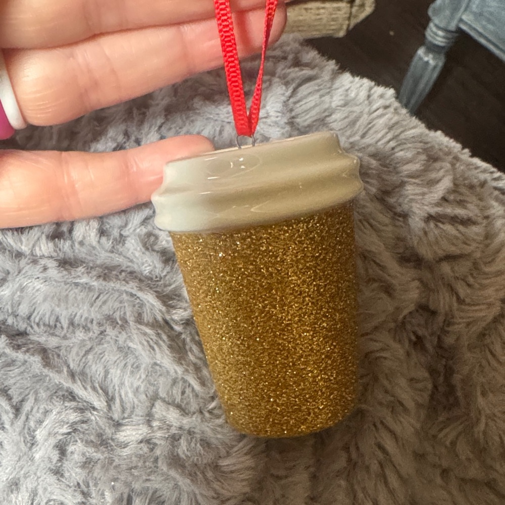Starbucks Glitter Gold Coffee Cup Ornament with Red Ribbon